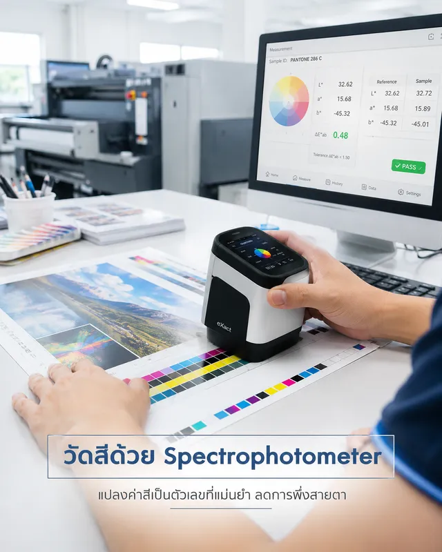ช่างพิมพ์ใช้เครื่อง Spectrophotometer ตรวจวัดค่าสี Delta E บนแผ่นพิมพ์งานบรรจุภัณฑ์