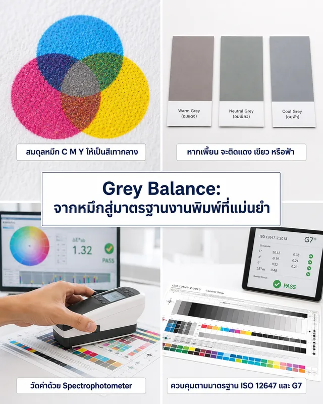 อินโฟกราฟิก Grey Balance แสดงการผสมหมึก CMY การวัดด้วย Spectrophotometer และการควบคุมตามมาตรฐาน ISO 12647 และ G7