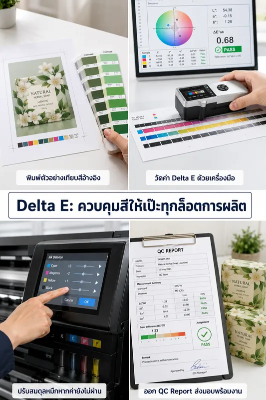 สรุปขั้นตอนควบคุมคุณภาพสีด้วย Delta E ตั้งแต่พิมพ์ตัวอย่างจนถึง QC Report