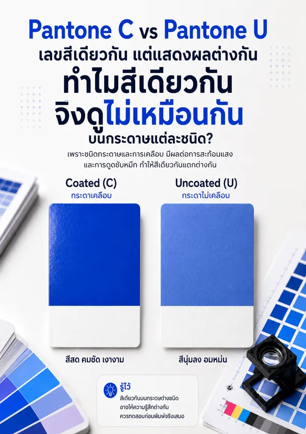 เปรียบเทียบสี Pantone C บนกระดาษเคลือบ และ Pantone U บนกระดาษไม่เคลือบ