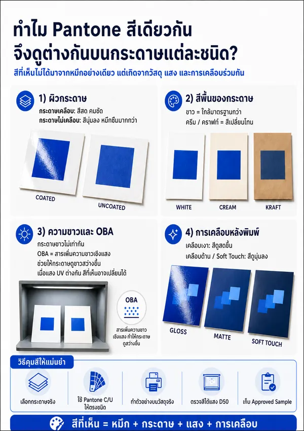 อินโฟกราฟิกสรุปปัจจัยที่ทำให้สี Pantone ต่างกัน และวิธีควบคุมสีบรรจุภัณฑ์