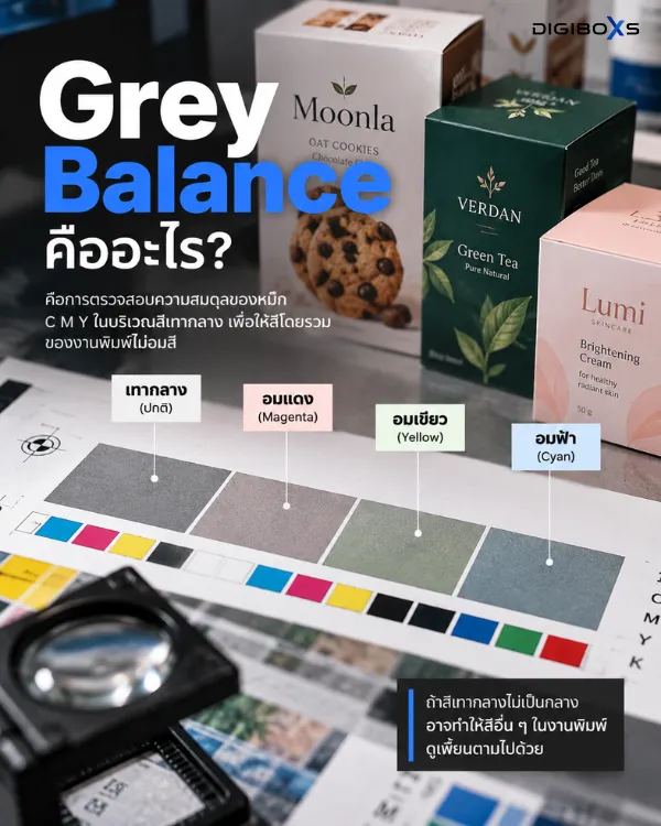 การตรวจ Grey Balance บนแผ่นวัดสีงานพิมพ์กล่องบรรจุภัณฑ์