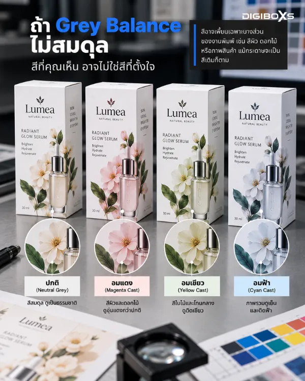 ตัวอย่างเปรียบเทียบผลกระทบของ Grey Balance ต่อกล่องบรรจุภัณฑ์ แสดงความแตกต่างของสีปกติ อมแดง อมเขียว และอมฟ้า