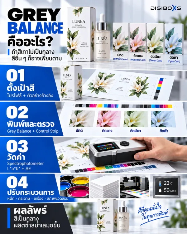 อินโฟกราฟิกอธิบาย 4 ขั้นตอนการควบคุม Grey Balance ในงานพิมพ์ ตั้งแต่ตั้งเป้าสี พิมพ์ตรวจ วัดค่า และปรับกระบวนการ