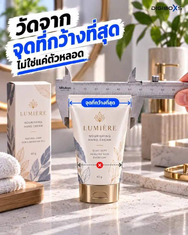 การวัดขนาดหลอดครีมจากจุดที่กว้างที่สุดบริเวณปลายหลอด ไม่ใช่แค่ตัวหลอด