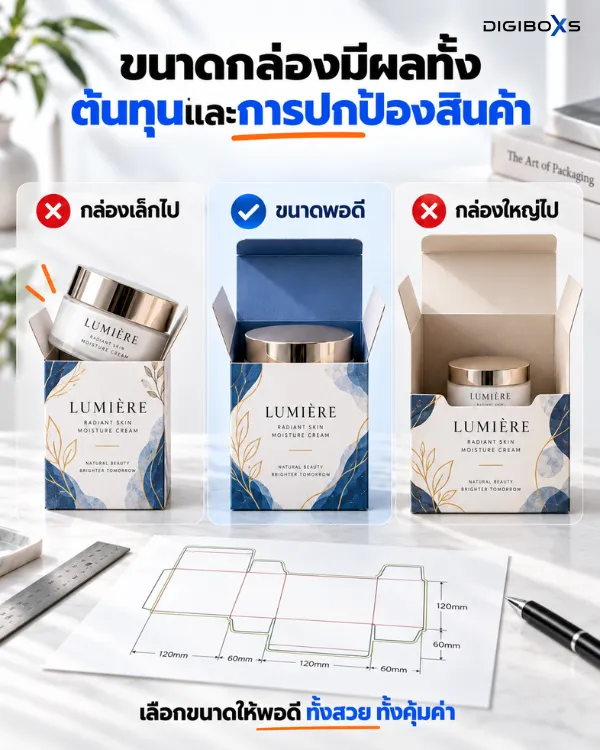 ภาพเปรียบเทียบการเลือกขนาดกล่องที่เล็กไป พอดี และใหญ่เกินไปสำหรับบรรจุภัณฑ์