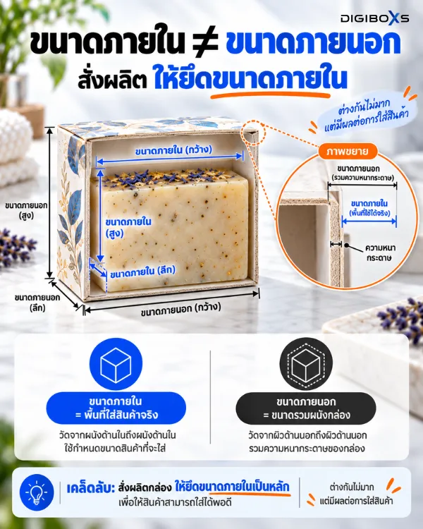 ภาพอธิบายความแตกต่างระหว่างขนาดภายในและขนาดภายนอกของกล่องบรรจุภัณฑ์สบู่