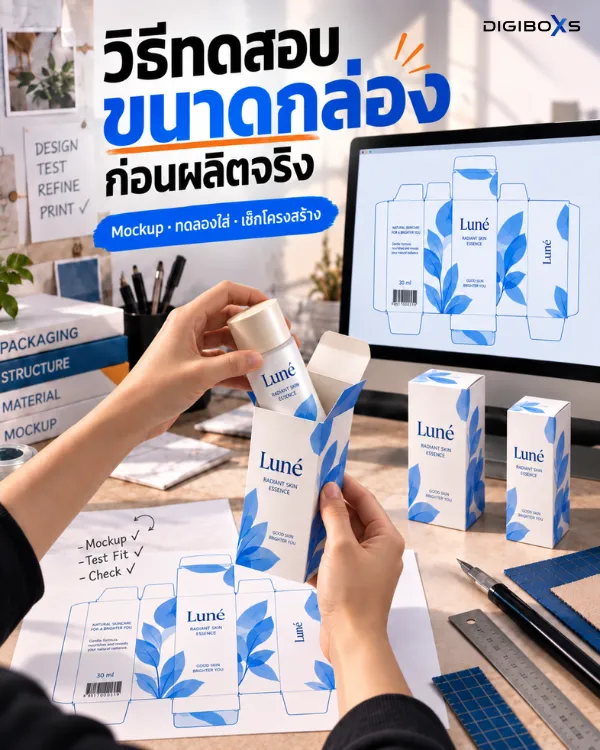 ภาพการทดสอบขนาดกล่องและลองใส่บรรจุภัณฑ์จริงก่อนสั่งผลิต