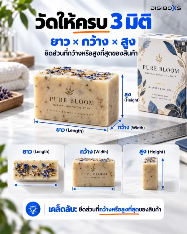 ภาพแสดงวิธีการวัดขนาดสินค้า 3 มิติ ได้แก่ ยาว กว้าง และสูง