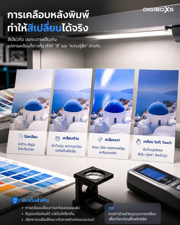 เปรียบเทียบผลลัพธ์การเคลือบผิวหลังพิมพ์ 4 แบบ ได้แก่ ไม่เคลือบ เคลือบด้าน เคลือบเงา และเคลือบ Soft Touch