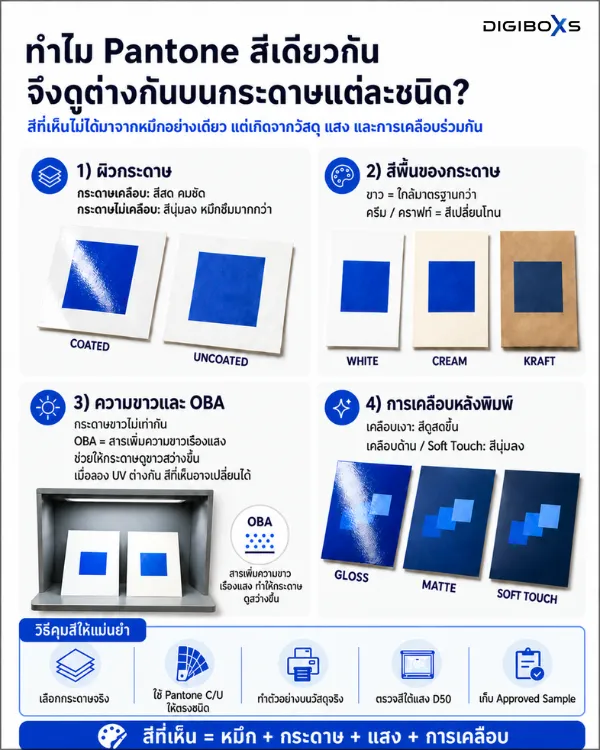 อินโฟกราฟิกสรุป 4 ปัจจัยที่ส่งผลต่อสี Pantone ได้แก่ ผิวกระดาษ สีพื้นกระดาษ สารเพิ่มความขาว OBA และการเคลือบผิว พร้อมวิธีคุมสีให้แม่นยำ